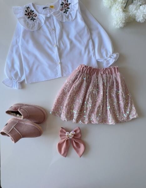 Yaka Nakışlı Kadife Etekli Pul Payet 2'li Takım - Pudra