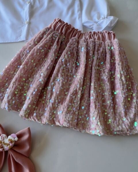 Yaka Nakışlı Kadife Etekli Pul Payet 2'li Takım - Pudra