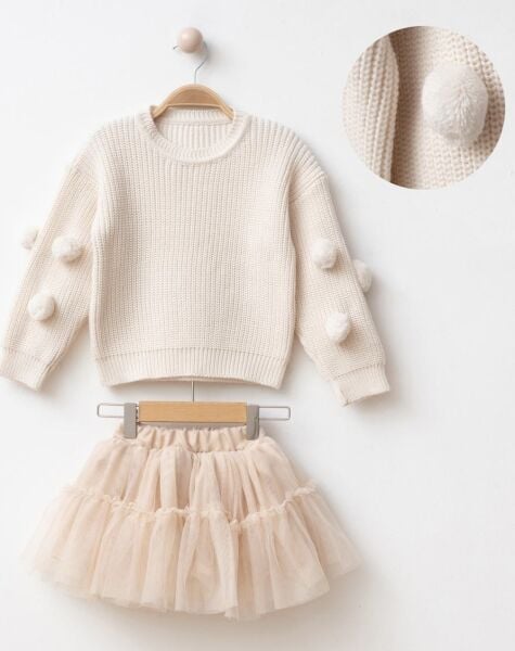 Asar Kids Ponpon Kazaklı Karnaval Tütü Etekli 2'li Takım - Ekru