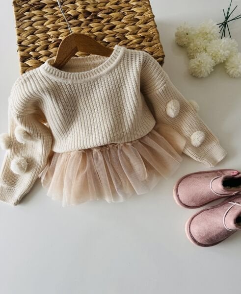 Asar Kids Ponpon Kazaklı Karnaval Tütü Etekli 2'li Takım - Ekru