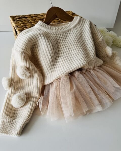 Asar Kids Ponpon Kazaklı Karnaval Tütü Etekli 2'li Takım - Ekru