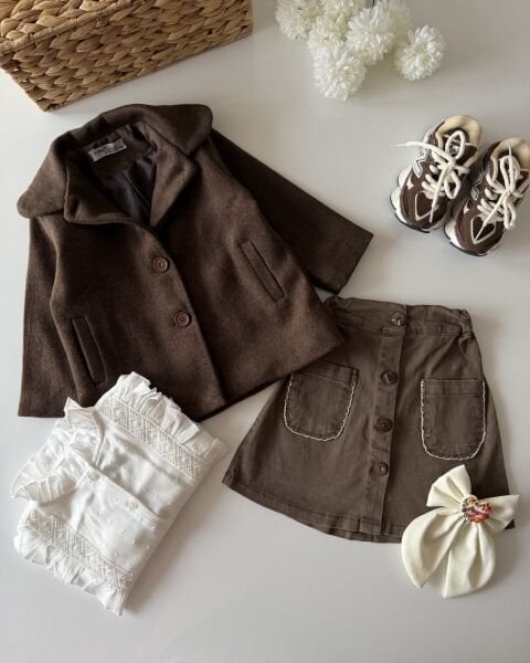 Asarkids Kaşe Ceketli Etekli Fisto Gömlekli 3'lü Takım - Kahve