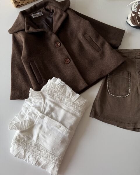 Asarkids Kaşe Ceketli Etekli Fisto Gömlekli 3'lü Takım - Kahve