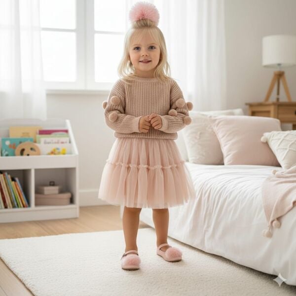 Asar Kids Ponpon Kazaklı Karnaval Tütü Etekli 2'li Takım - Bej