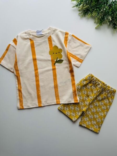 Çiçek Nakışlı Yonca Takım - Hardal Sarı