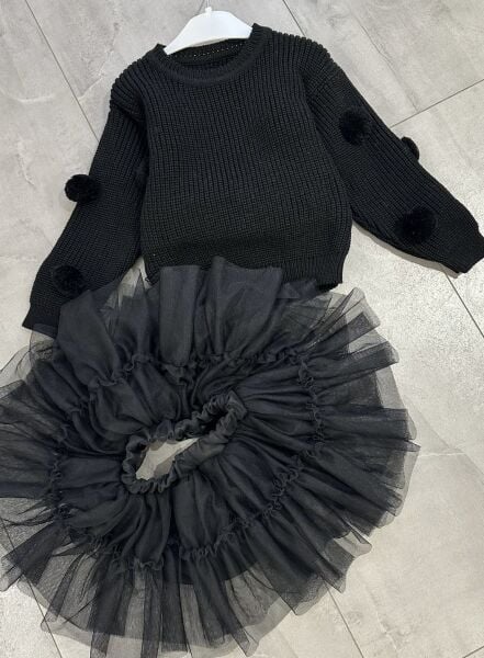 Asar Kids Ponpon Kazaklı Karnaval Tütü Etekli 2'li Takım - Siyah