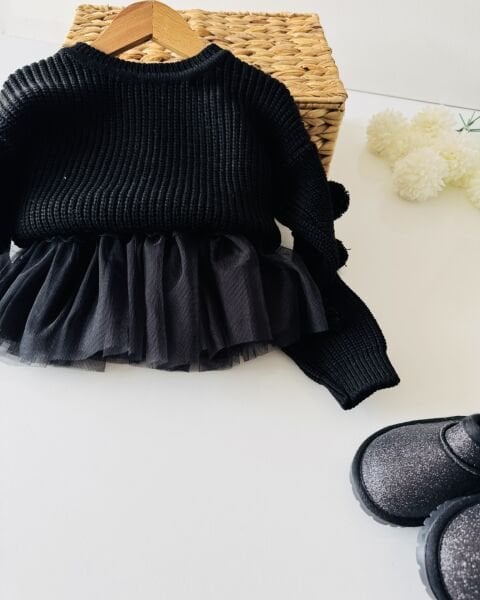 Asar Kids Ponpon Kazaklı Karnaval Tütü Etekli 2'li Takım - Siyah