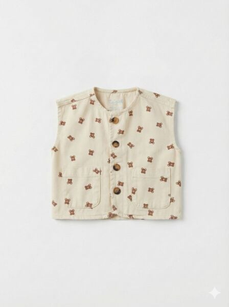 La'ciel Paris Ayıcık Baskılı Denim Yelek - Bej