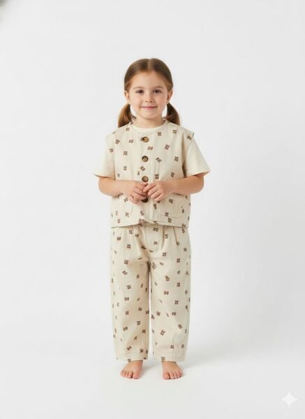 La'ciel Paris Ayıcık Baskılı Denim Yelek - Bej