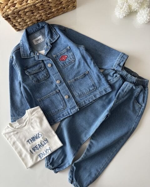 Asar Kids Ceket PAntolon Tişört 3'lü Takım - Mavi