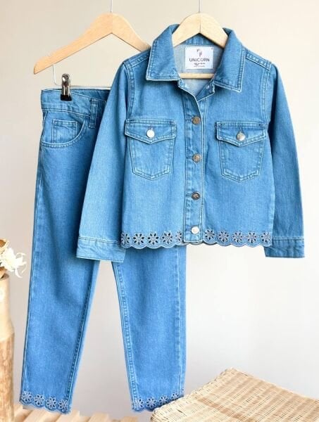 Nakış İşlemeli Denim Takım - Mavi