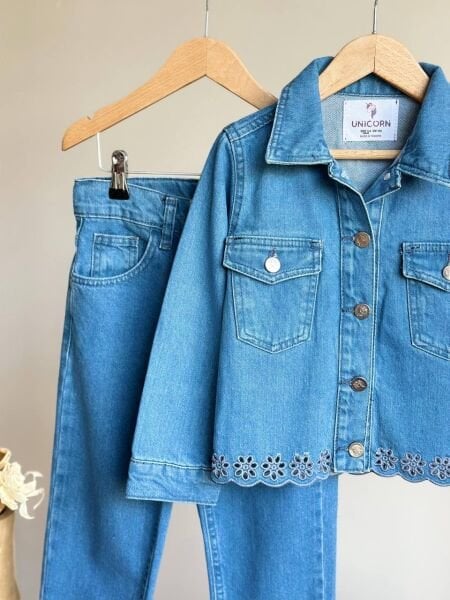 Nakış İşlemeli Denim Takım - Mavi