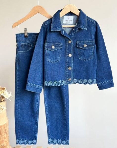 Nakış İşlemeli Denim Takım - Koyu Mavi