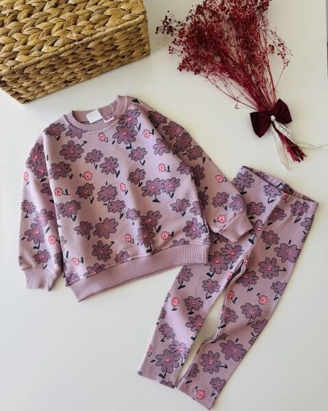 Orkide Baskılı Taytlı Defne Takım - Lila