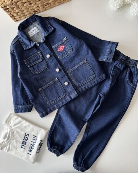 Asar Kids Ceket PAntolon Tişört 3'lü Takım - Koyu Mavi