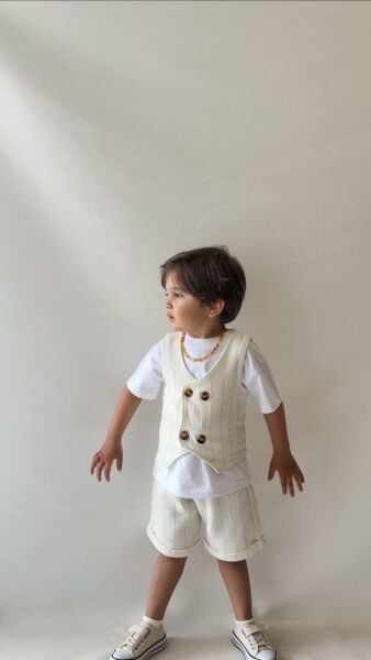 Asarkids Keten Yelekli 3'lü Takım - Krem