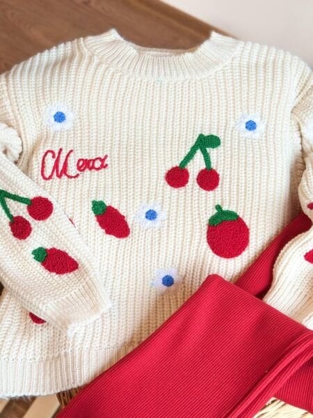 Kiraz Nakışlı Taytlı Triko Takım - Kırmızı