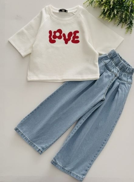 Love Baskılı Denim 2’li Set Duru - Beyaz