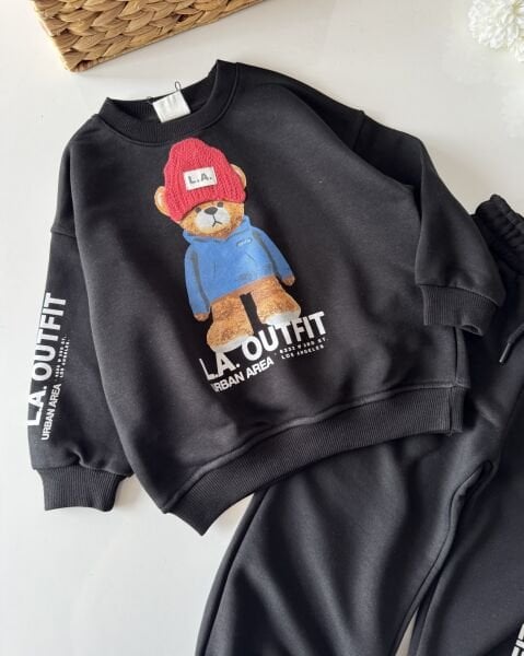 Şapka Aplikeli Ayıcık Takım - Siyah