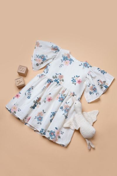 Kanaviçe Baskılı Çiçekli Gülru Elbise - Beyaz