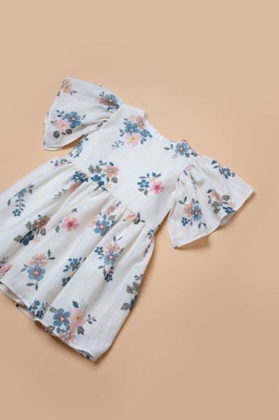 Kanaviçe Baskılı Çiçekli Gülru Elbise - Beyaz