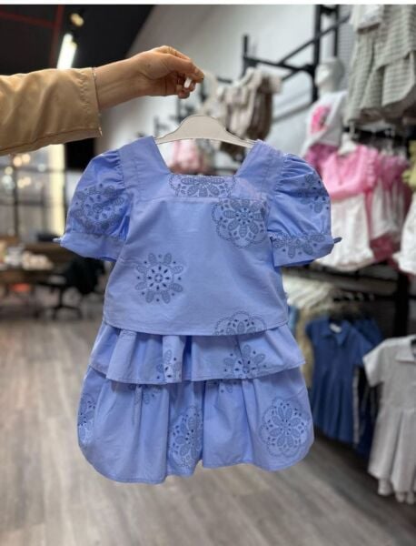 Tamamı Fistolu Etekli İpek Takım - Mavi