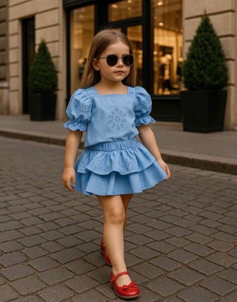 Tamamı Fistolu Etekli İpek Takım - Mavi