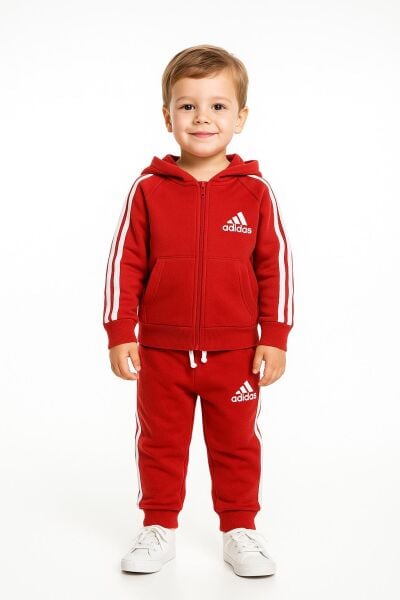 3 Çizgili Fermuarlı Kapüşonlu Eşofman Takımı - Kırmızı