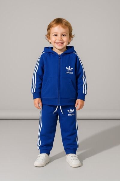 3 Çizgili Fermuarlı Kapüşonlu Eşofman Takımı - Mavi