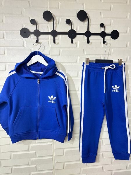 3 Çizgili Fermuarlı Kapüşonlu Eşofman Takımı - Mavi