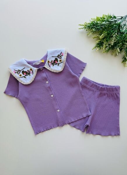 Yakası Nakışlı Deren Takım - Lila