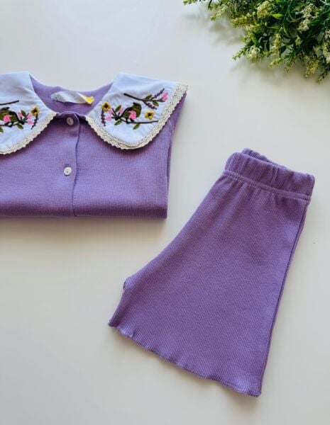 Yakası Nakışlı Deren Takım - Lila