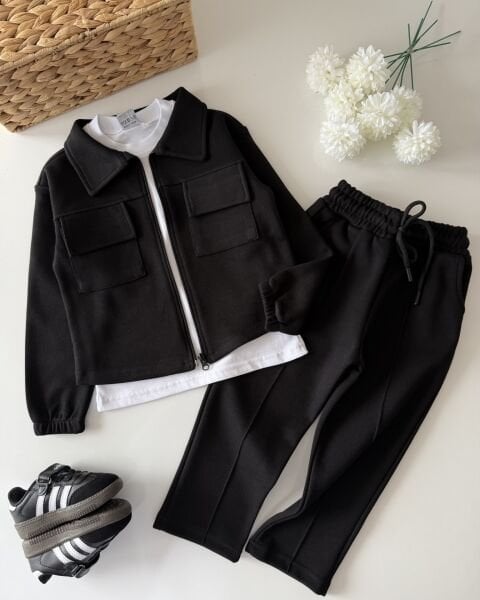 Asarkids Dokulu Ceketli 3'lü Takım - Siyah