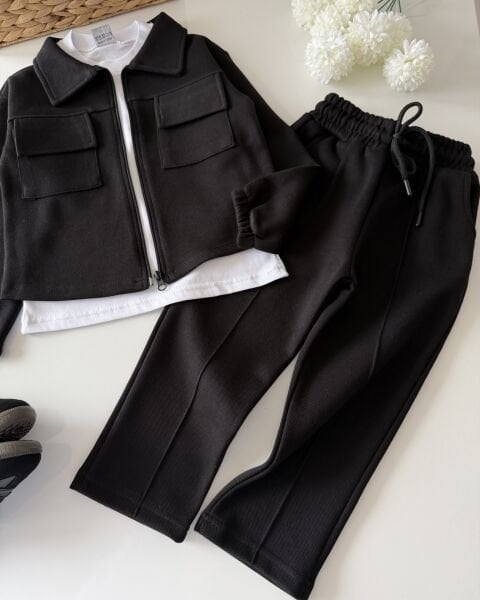 Asarkids Dokulu Ceketli 3'lü Takım - Siyah