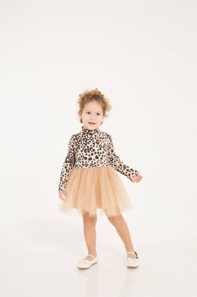 Leopar Tüllü Elbise - Kahve Leopar Desen