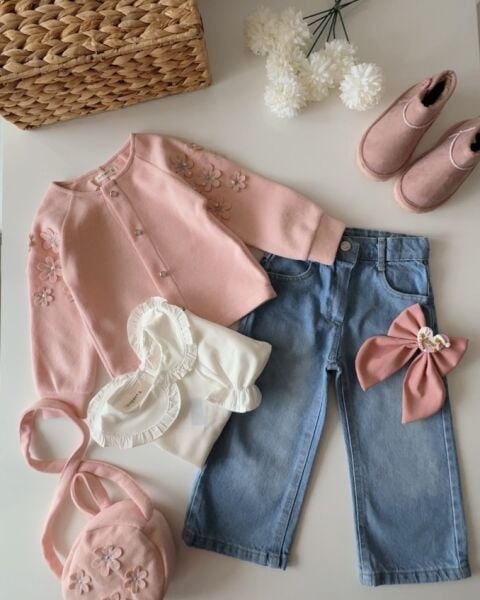 Papatya Aplikeli Denim Pantolonlu 4'lü Set - Pembe