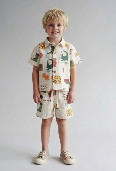 Asarkids La'ciel Paris Retro Yakalı Soft Tonlu Şortlu Takım - Krem