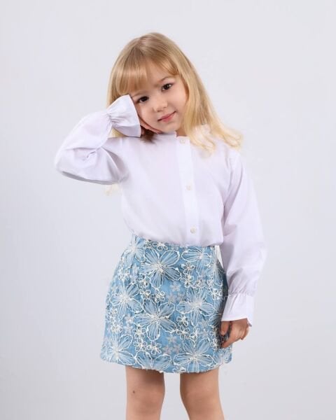 Asar Kids Brode İşlemeli Kot Etek Gömlek 2'li Takım - Mavi