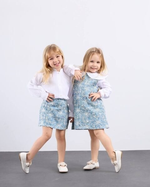 Asar Kids Brode İşlemeli Kot Etek Gömlek 2'li Takım - Mavi