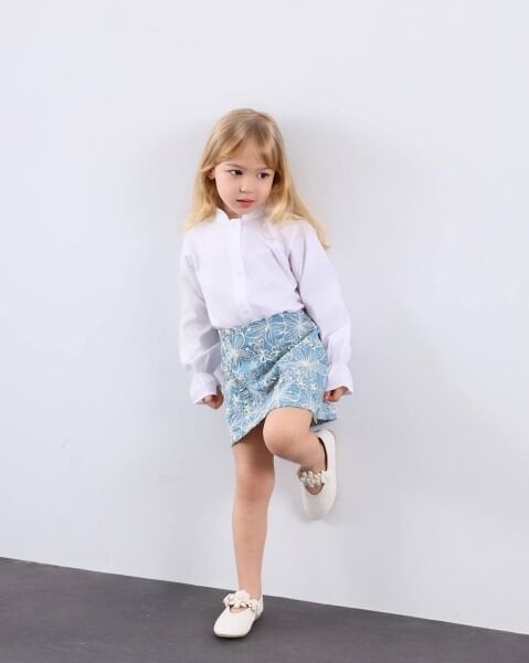 Asar Kids Brode İşlemeli Kot Etek Gömlek 2'li Takım - Mavi