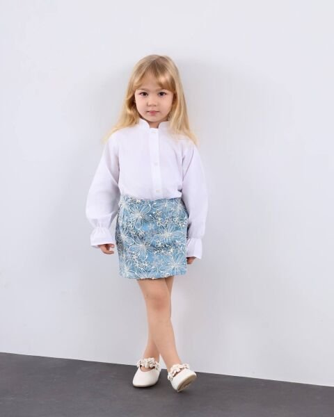 Asar Kids Brode İşlemeli Kot Etek Gömlek 2'li Takım - Mavi