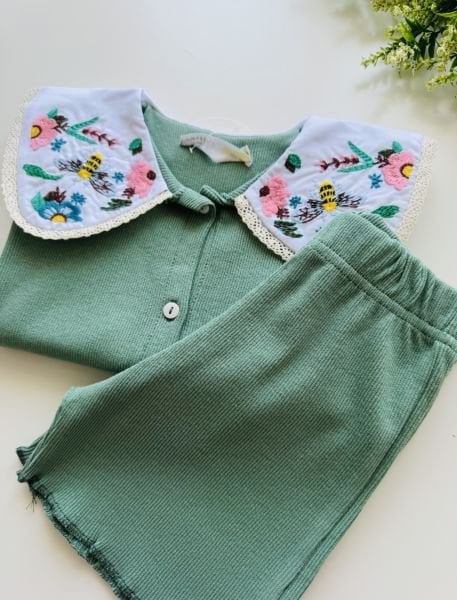 Yakası Nakışlı Deren Takım - Yeşil