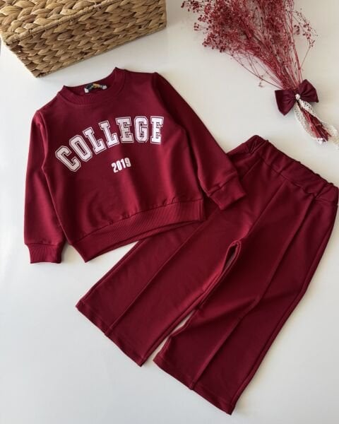 Sloganlı Bol Paça Lina Takım - Bordo