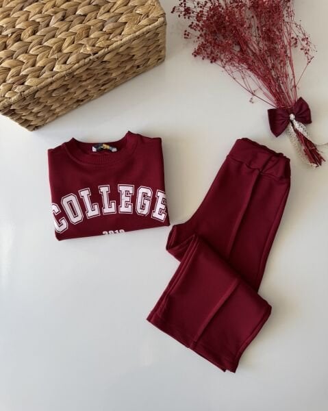 Sloganlı Bol Paça Lina Takım - Bordo