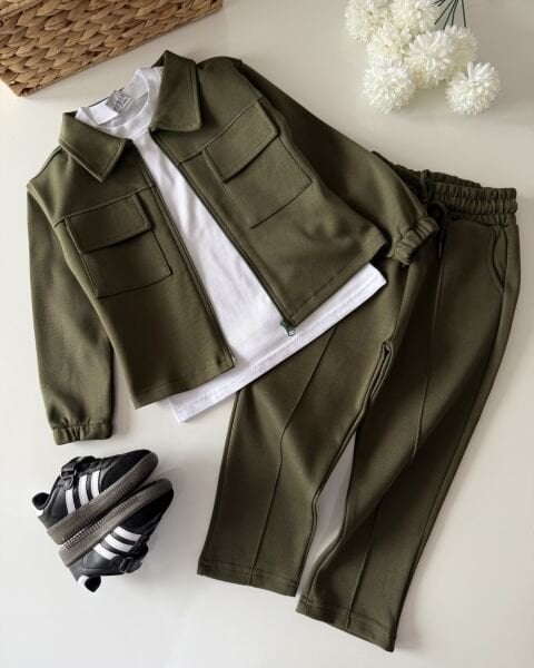 Asarkids Dokulu Ceketli 3'lü Takım - Yeşil