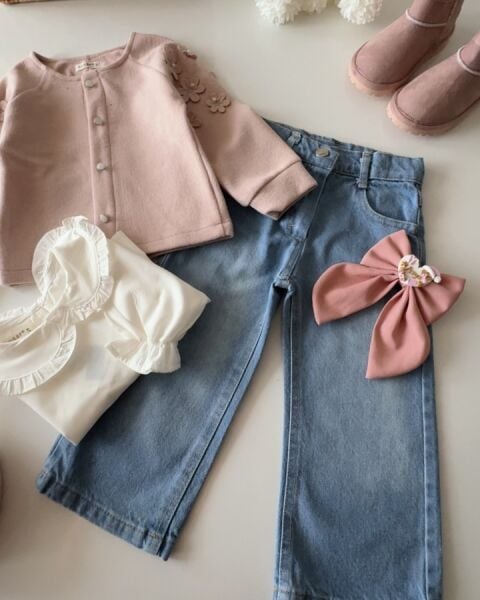 Papatya Aplikeli Denim Pantolonlu 4'lü Set - Gül Kurusu