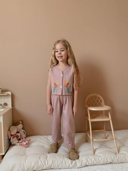 Lavanta Nakışlı Yelekli Beste Takım - Gül Kurusu