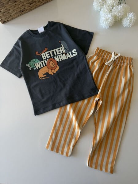 Asarkids Aslan Baskılı Çizgili 2'li Takım - Turuncu