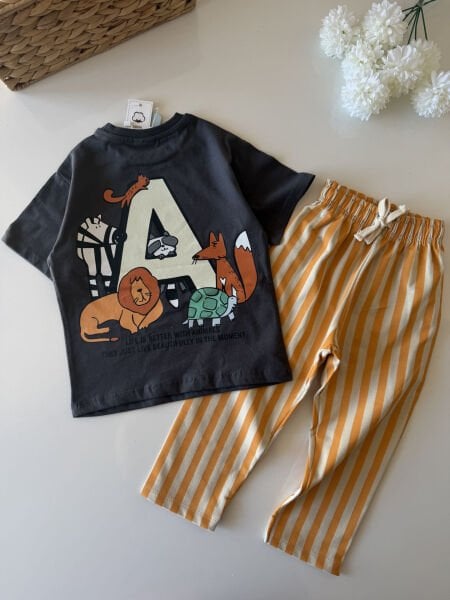 Asarkids Aslan Baskılı Çizgili 2'li Takım - Turuncu