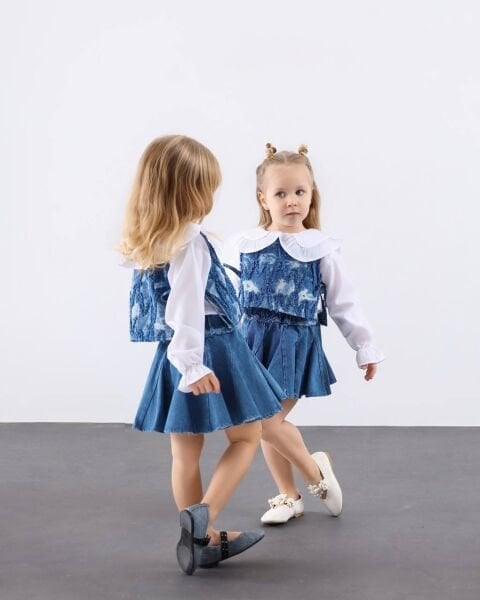 Asar Kids Denim Etek ve Süveter Gömlek 3'lü Takım - Mavi